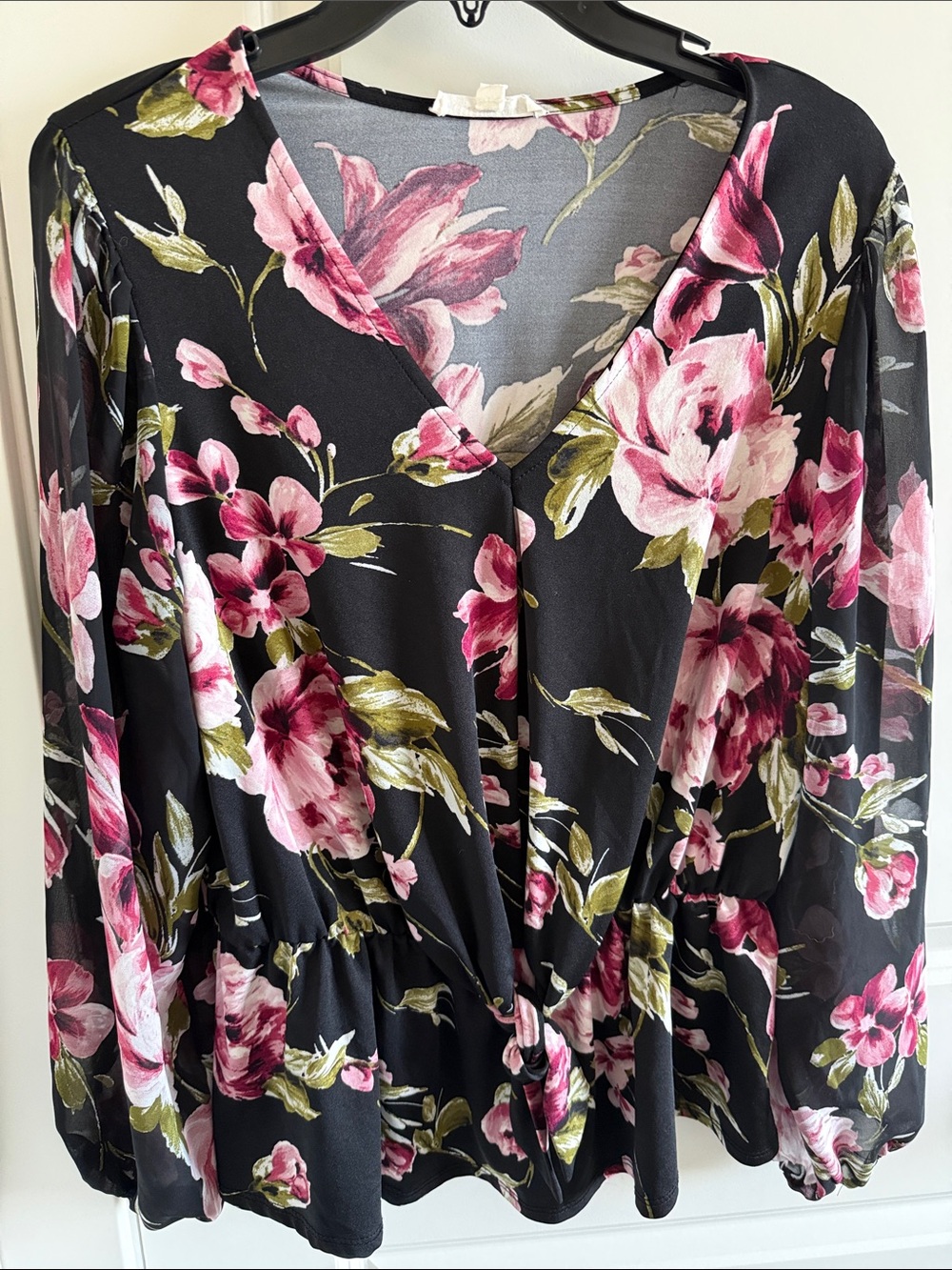 PerSeption Concept Black Floral V-Neck Blouse with Pink Roses